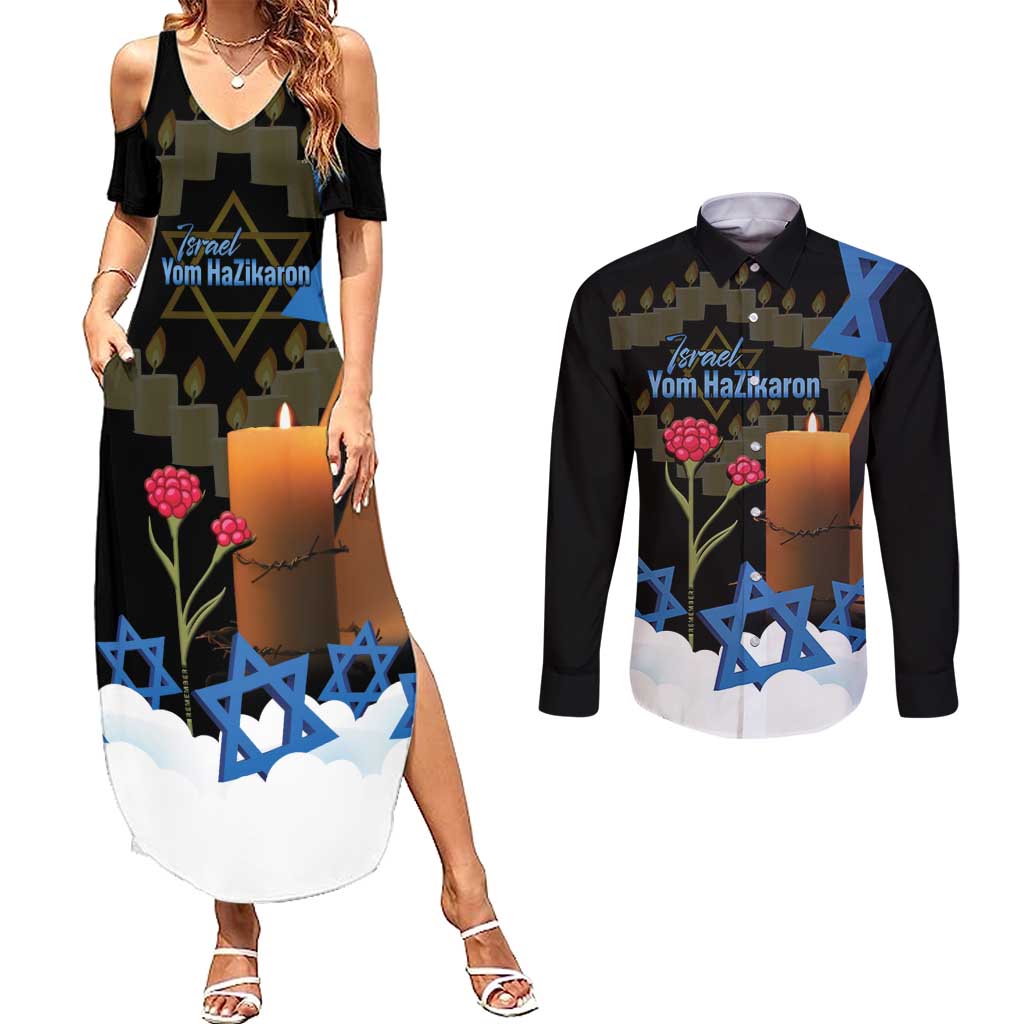 Israel Memorial Day Couples Matching Summer Maxi Dress and Long Sleeve Button Shirt Red Everlasting Flower With Candle Light