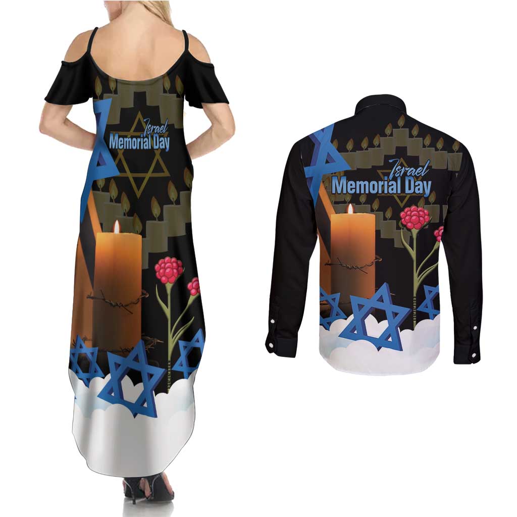 Israel Memorial Day Couples Matching Summer Maxi Dress and Long Sleeve Button Shirt Red Everlasting Flower With Candle Light