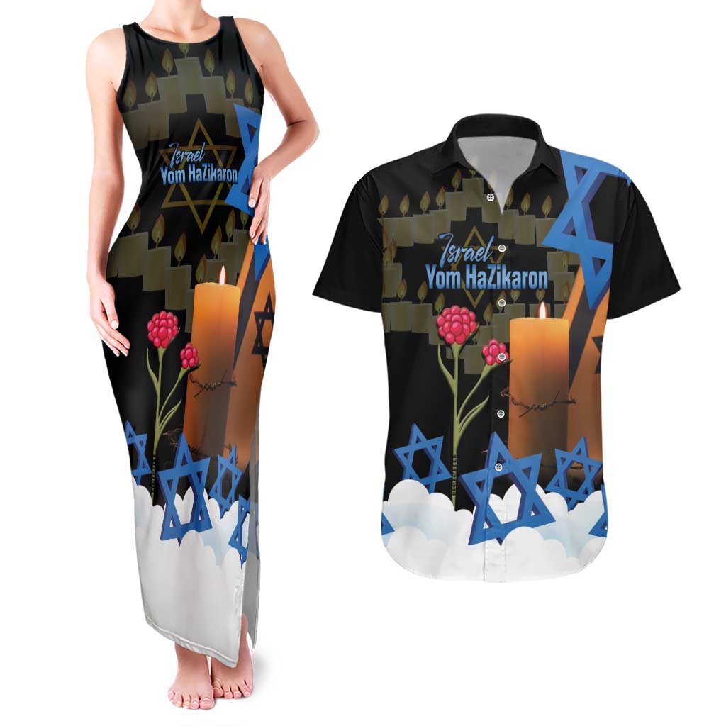 Israel Memorial Day Couples Matching Tank Maxi Dress and Hawaiian Shirt Red Everlasting Flower With Candle Light