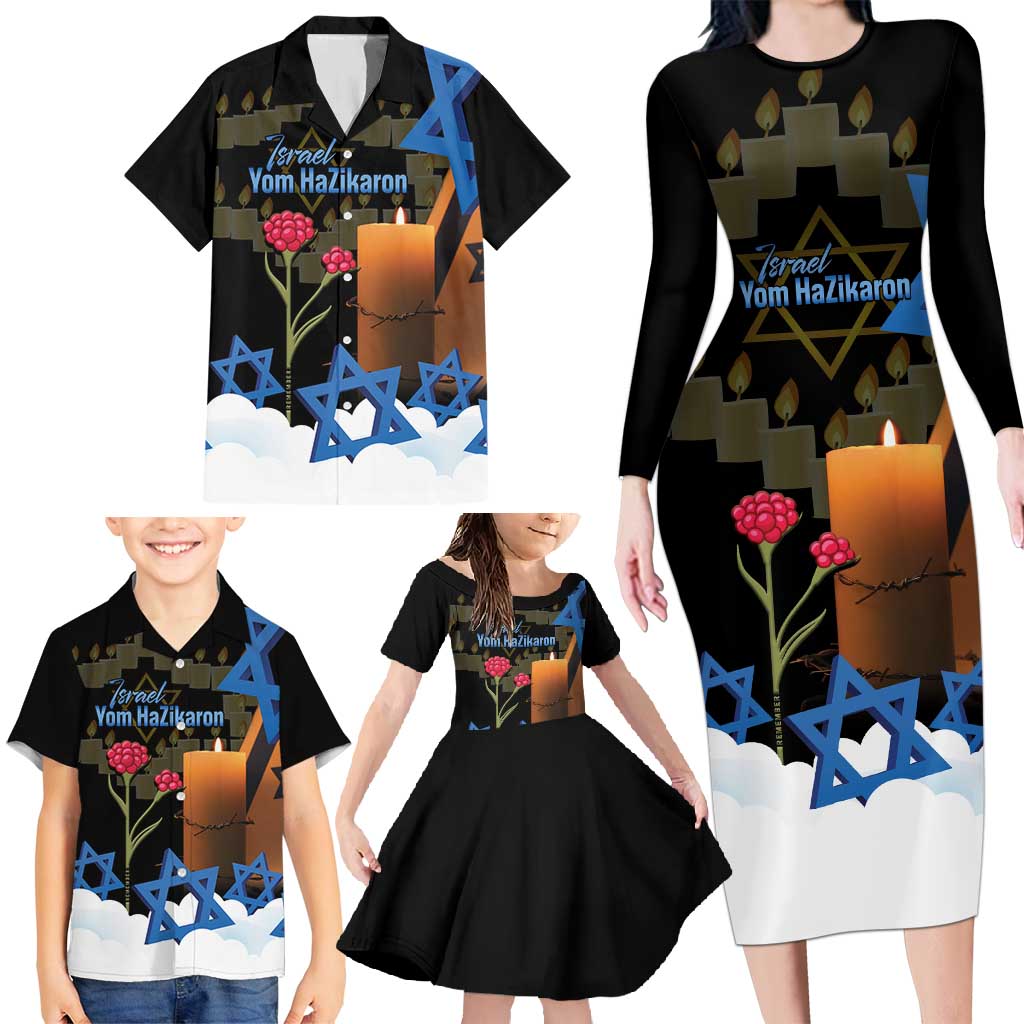 Israel Memorial Day Family Matching Long Sleeve Bodycon Dress and Hawaiian Shirt Red Everlasting Flower With Candle Light
