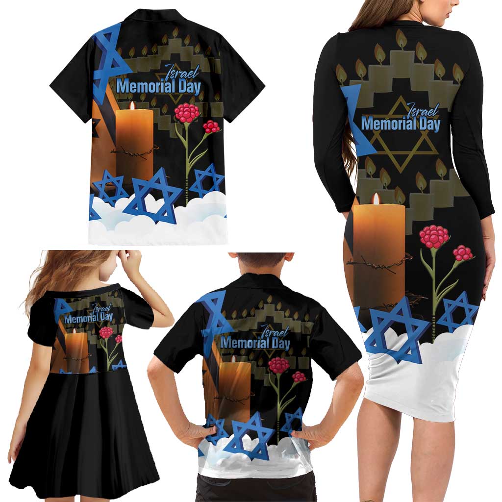Israel Memorial Day Family Matching Long Sleeve Bodycon Dress and Hawaiian Shirt Red Everlasting Flower With Candle Light