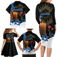 Israel Memorial Day Family Matching Long Sleeve Bodycon Dress and Hawaiian Shirt Red Everlasting Flower With Candle Light