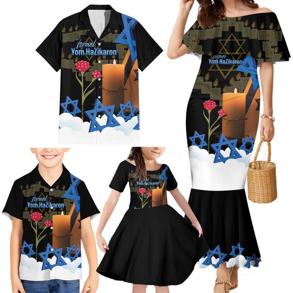 Israel Memorial Day Family Matching Mermaid Dress and Hawaiian Shirt Red Everlasting Flower With Candle Light