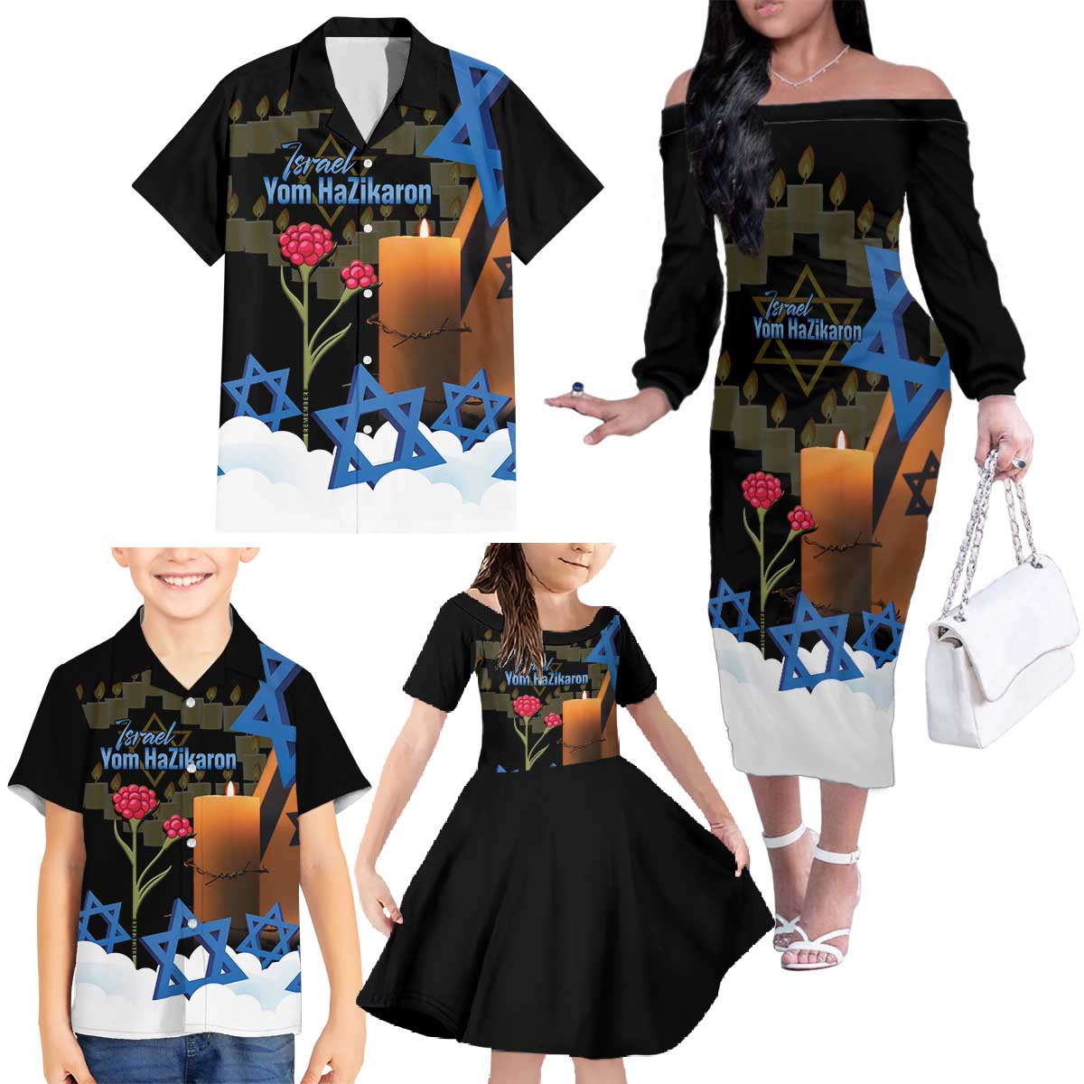 Israel Memorial Day Family Matching Off The Shoulder Long Sleeve Dress and Hawaiian Shirt Red Everlasting Flower With Candle Light