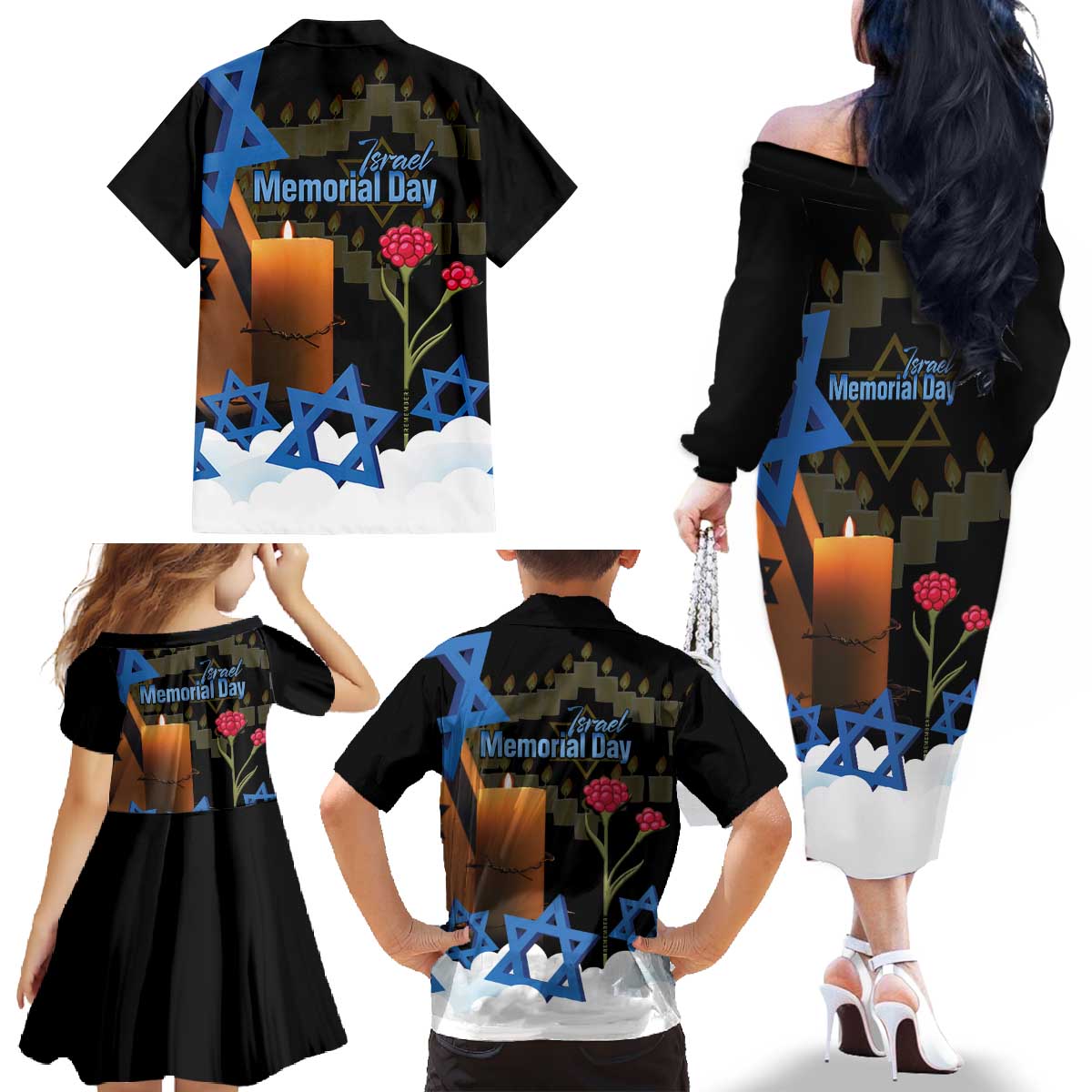 Israel Memorial Day Family Matching Off The Shoulder Long Sleeve Dress and Hawaiian Shirt Red Everlasting Flower With Candle Light