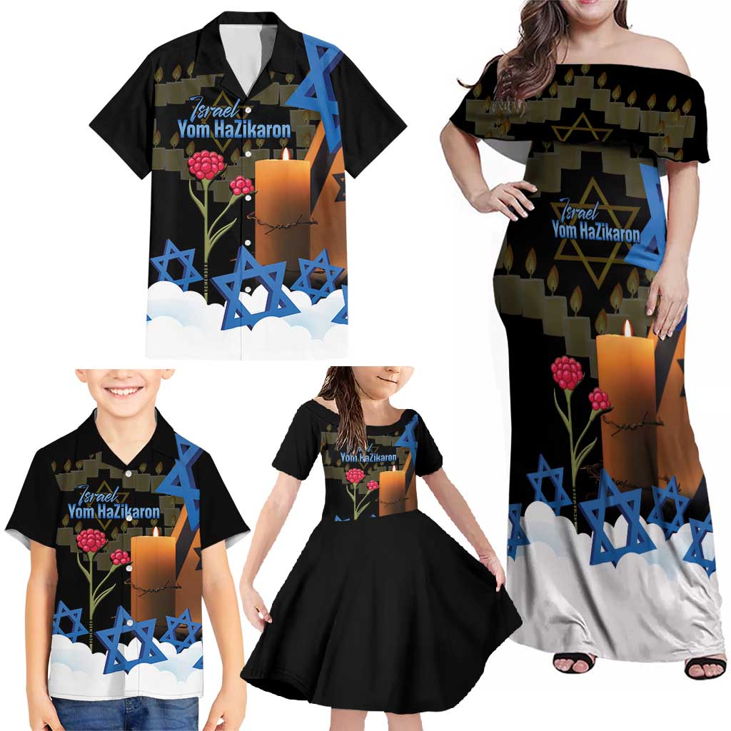 Israel Memorial Day Family Matching Off Shoulder Maxi Dress and Hawaiian Shirt Red Everlasting Flower With Candle Light