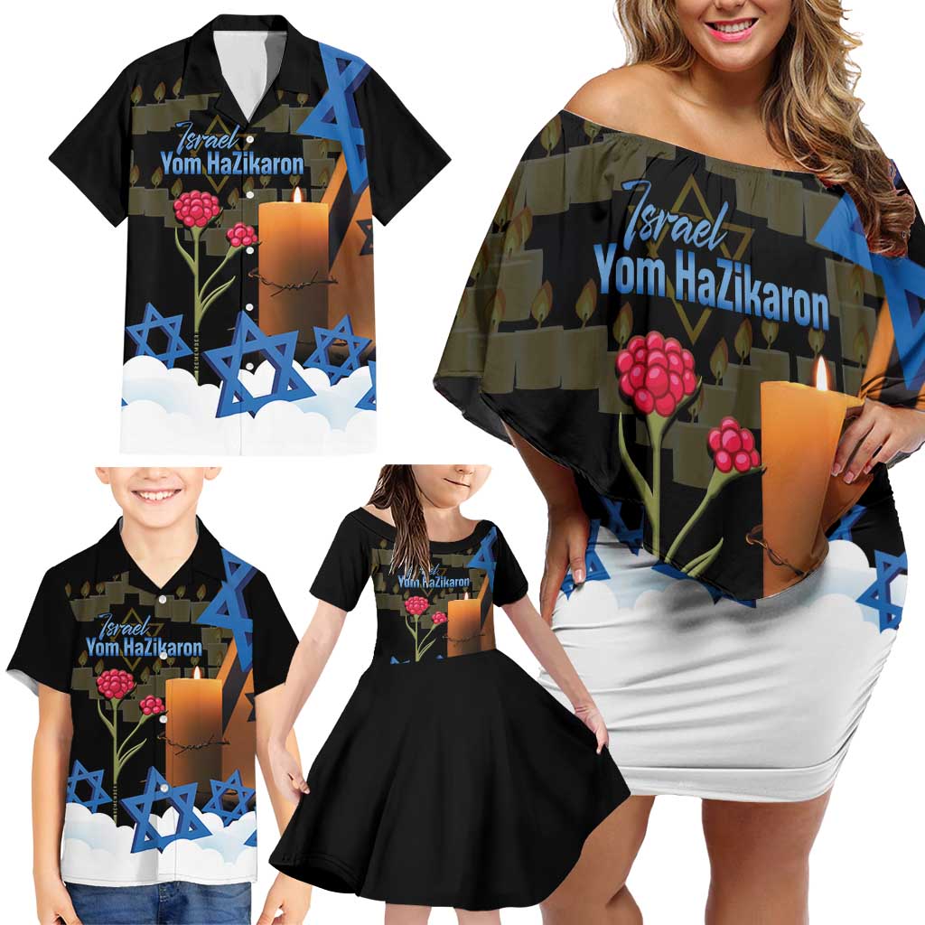 Israel Memorial Day Family Matching Off Shoulder Short Dress and Hawaiian Shirt Red Everlasting Flower With Candle Light