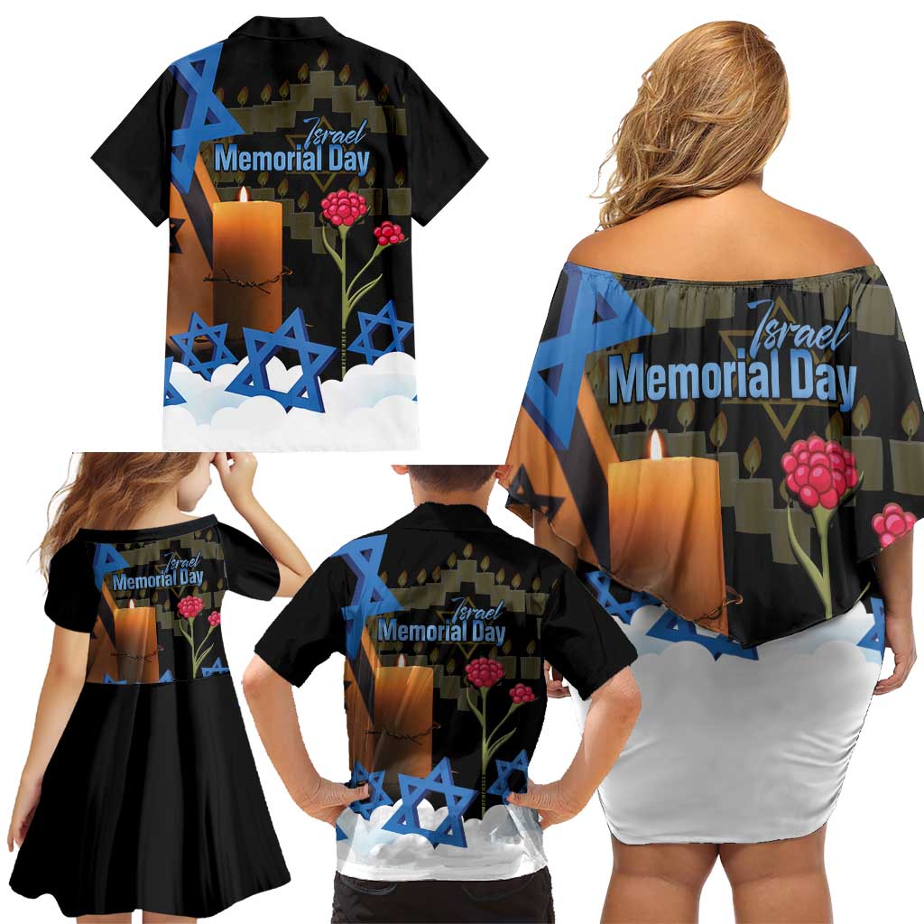Israel Memorial Day Family Matching Off Shoulder Short Dress and Hawaiian Shirt Red Everlasting Flower With Candle Light