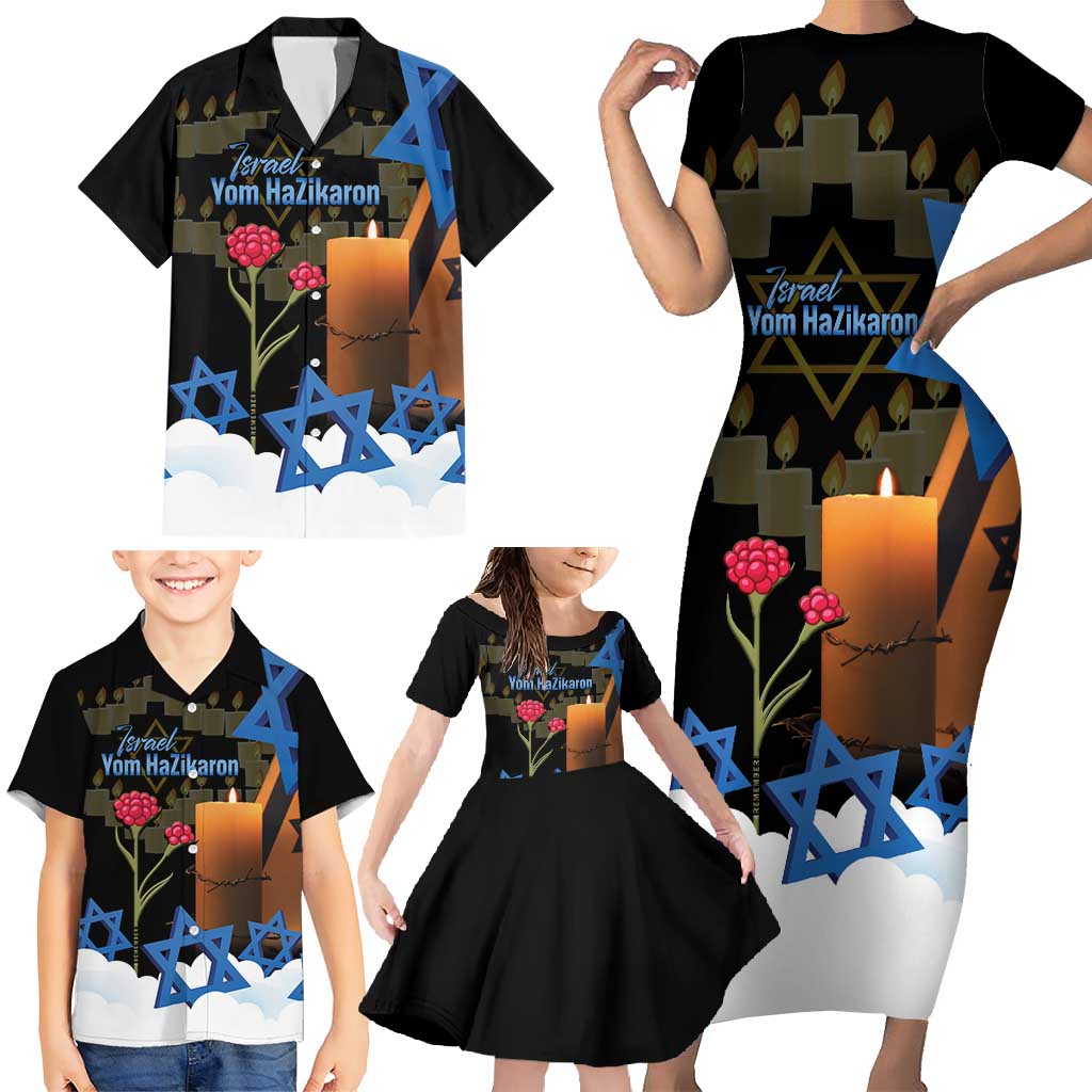 Israel Memorial Day Family Matching Short Sleeve Bodycon Dress and Hawaiian Shirt Red Everlasting Flower With Candle Light