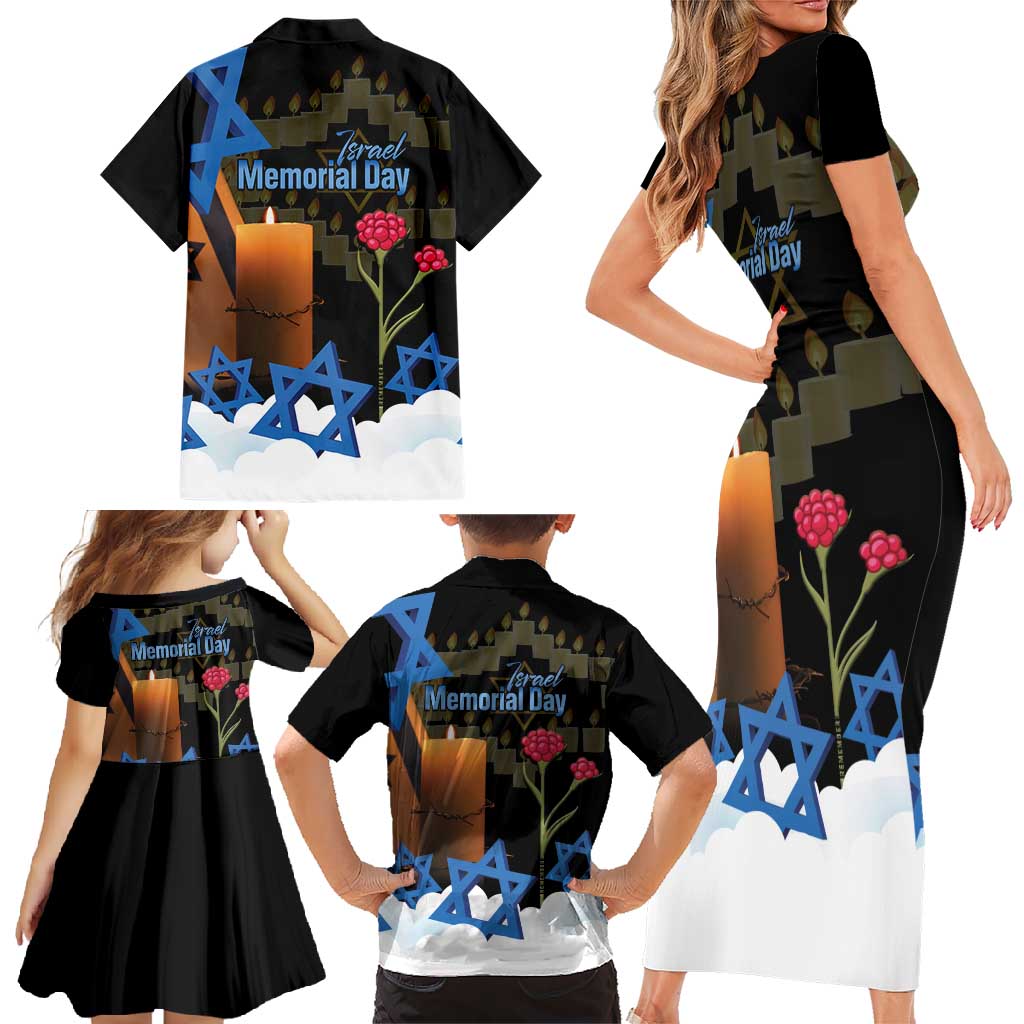 Israel Memorial Day Family Matching Short Sleeve Bodycon Dress and Hawaiian Shirt Red Everlasting Flower With Candle Light