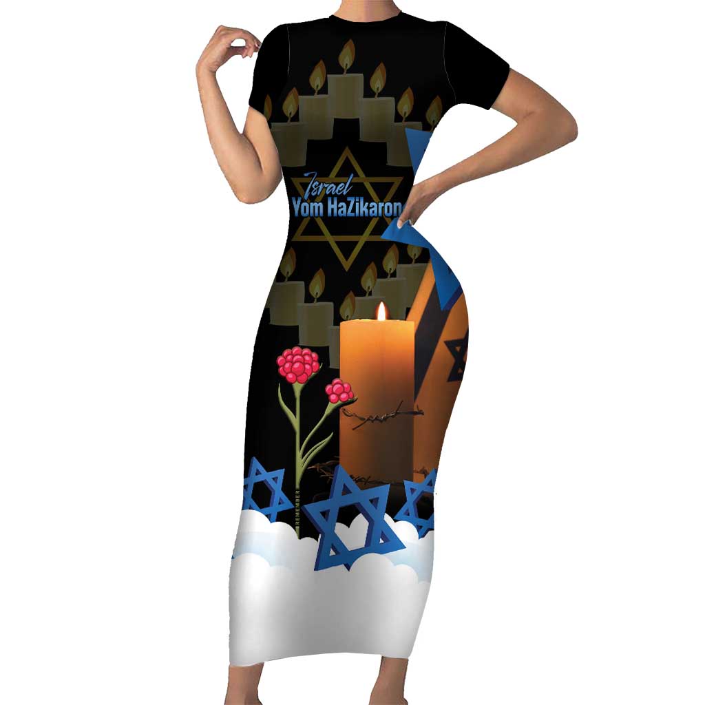 Israel Memorial Day Family Matching Short Sleeve Bodycon Dress and Hawaiian Shirt Red Everlasting Flower With Candle Light