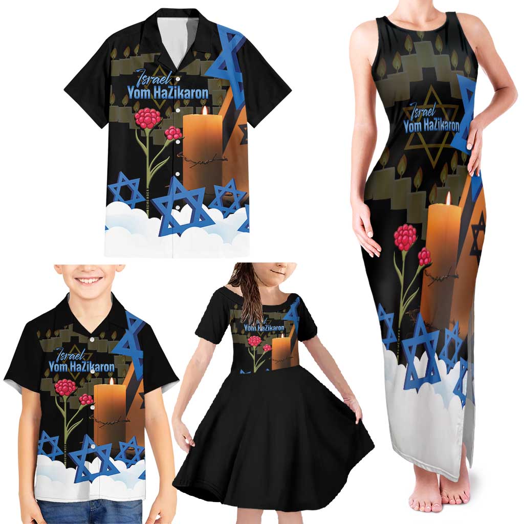 Israel Memorial Day Family Matching Tank Maxi Dress and Hawaiian Shirt Red Everlasting Flower With Candle Light