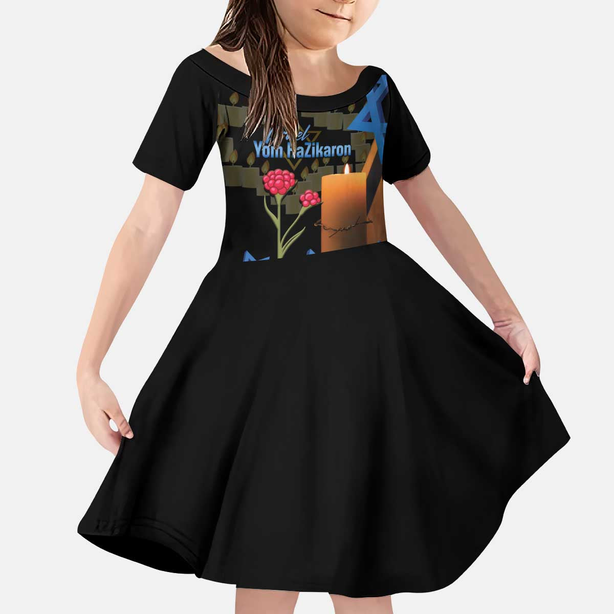 Israel Memorial Day Kid Short Sleeve Dress Red Everlasting Flower With Candle Light