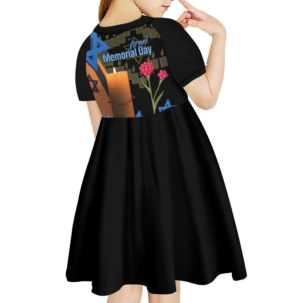 Israel Memorial Day Kid Short Sleeve Dress Red Everlasting Flower With Candle Light