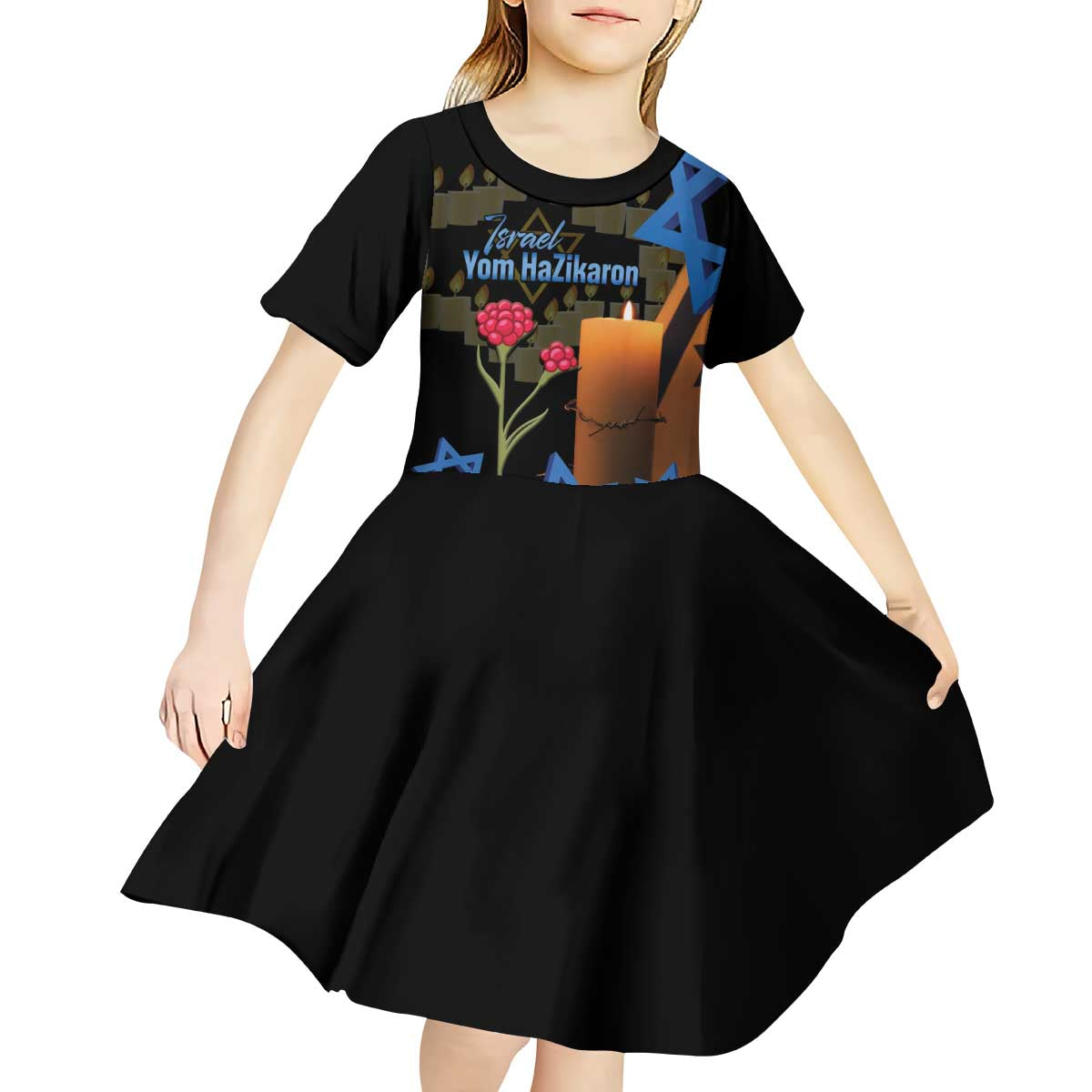 Israel Memorial Day Kid Short Sleeve Dress Red Everlasting Flower With Candle Light