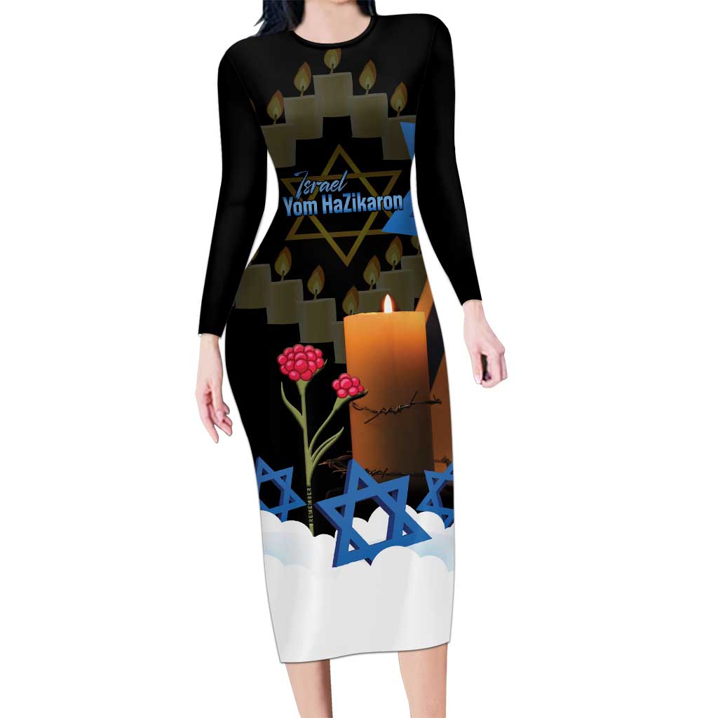 Israel Memorial Day Long Sleeve Bodycon Dress Red Everlasting Flower With Candle Light