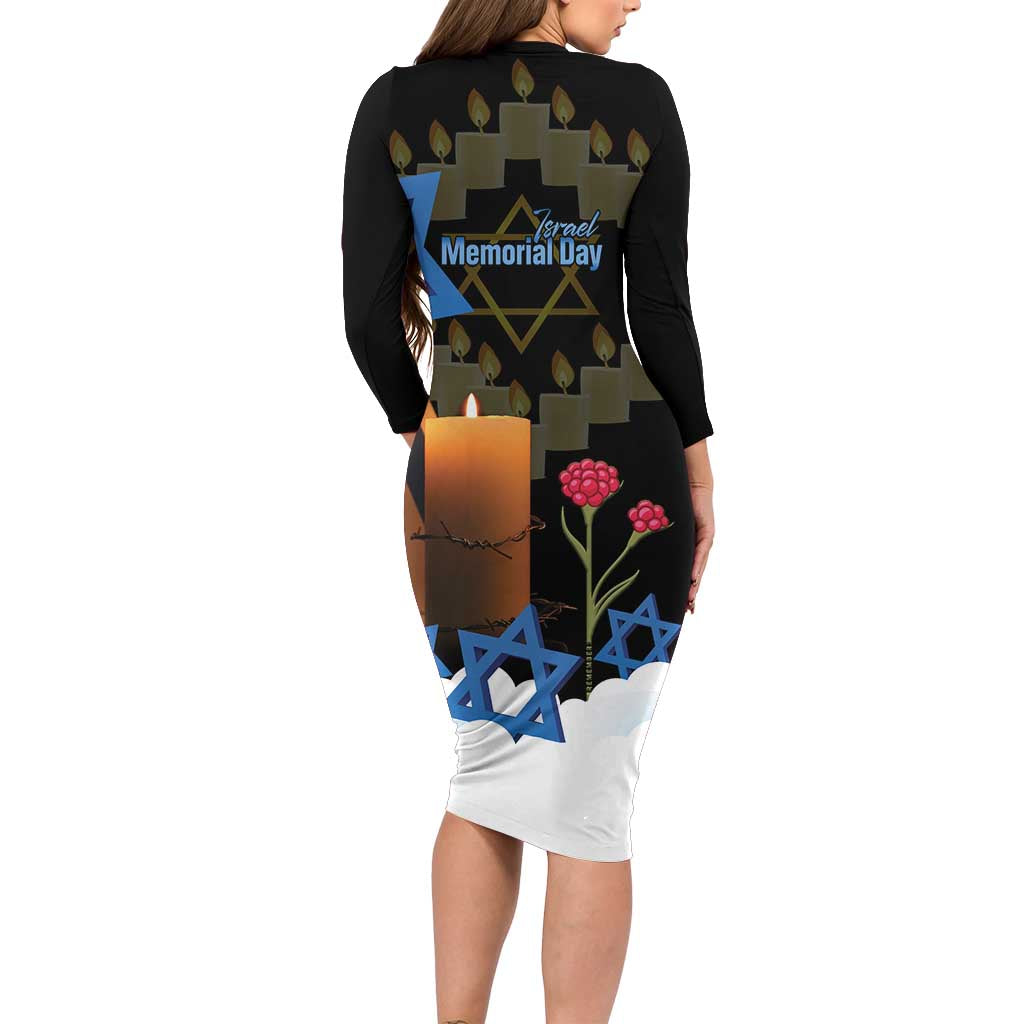 Israel Memorial Day Long Sleeve Bodycon Dress Red Everlasting Flower With Candle Light