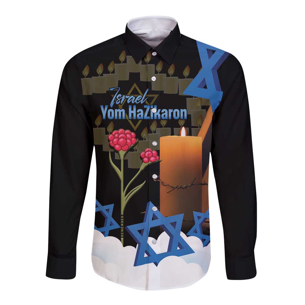 Israel Memorial Day Long Sleeve Button Shirt Red Everlasting Flower With Candle Light
