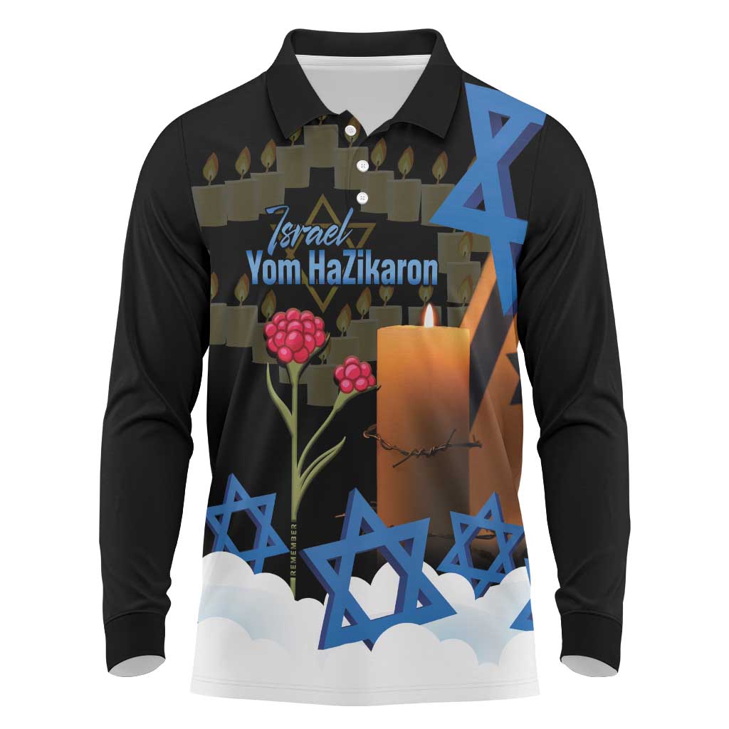 Israel Memorial Day Long Sleeve Polo Shirt Red Everlasting Flower With Candle Light