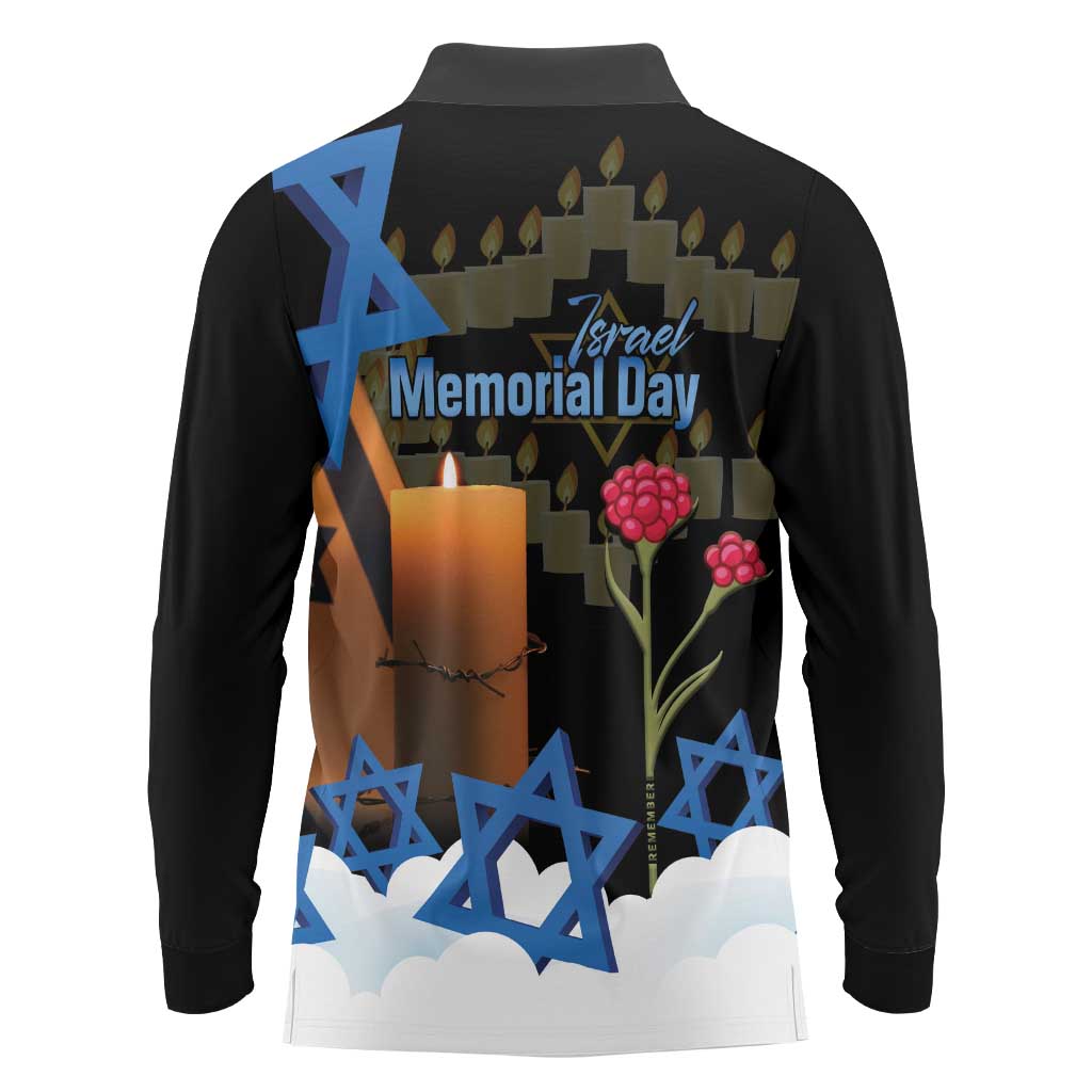 Israel Memorial Day Long Sleeve Polo Shirt Red Everlasting Flower With Candle Light