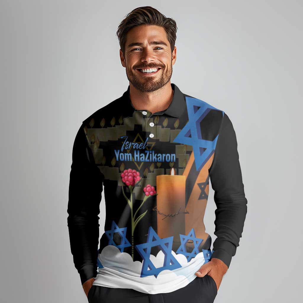 Israel Memorial Day Long Sleeve Polo Shirt Red Everlasting Flower With Candle Light