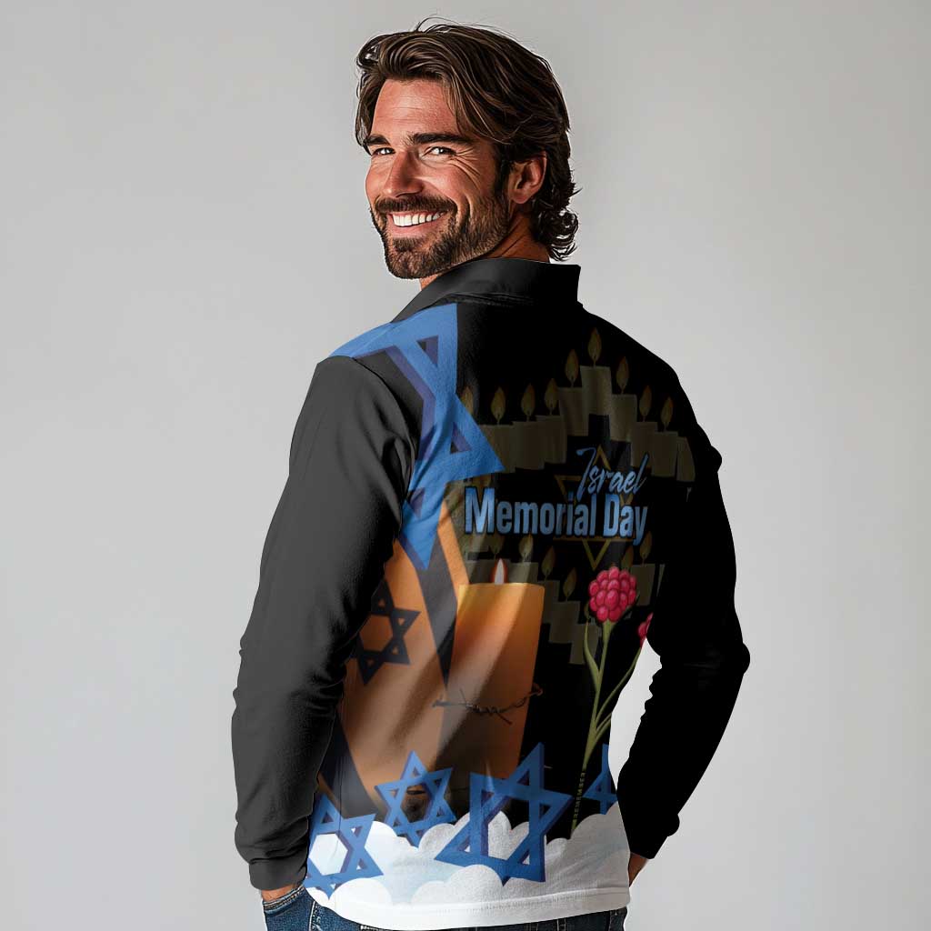 Israel Memorial Day Long Sleeve Polo Shirt Red Everlasting Flower With Candle Light