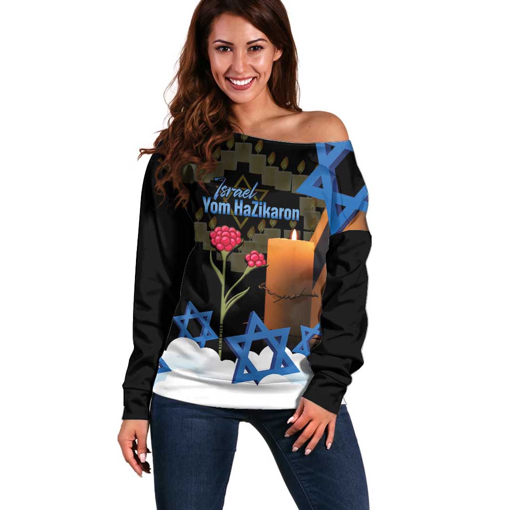 Israel Memorial Day Off Shoulder Sweater Red Everlasting Flower With Candle Light