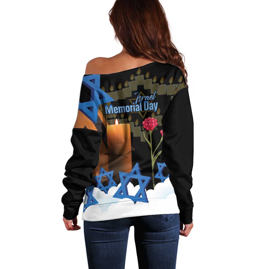 Israel Memorial Day Off Shoulder Sweater Red Everlasting Flower With Candle Light