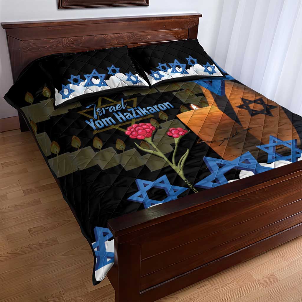 Israel Memorial Day Quilt Bed Set Red Everlasting Flower With Candle Light