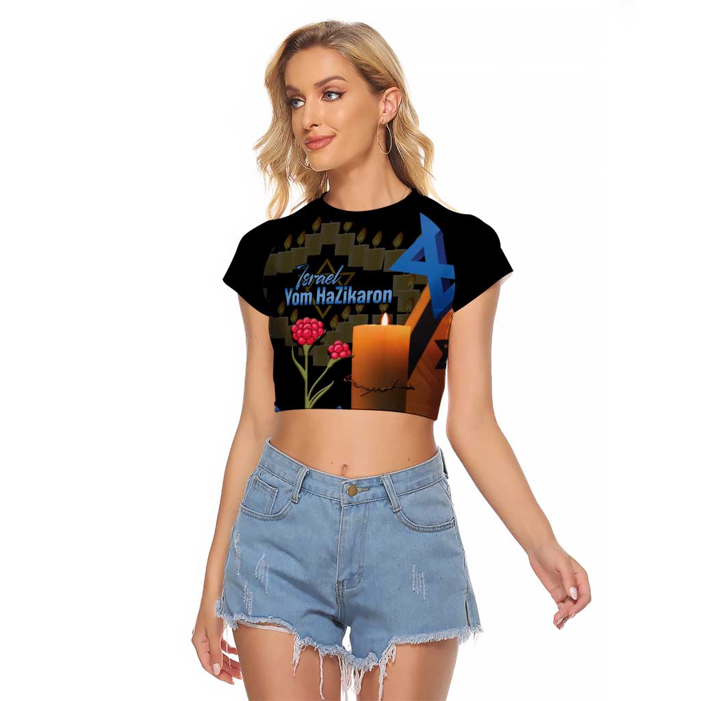 Israel Memorial Day Raglan Cropped T Shirt Red Everlasting Flower With Candle Light