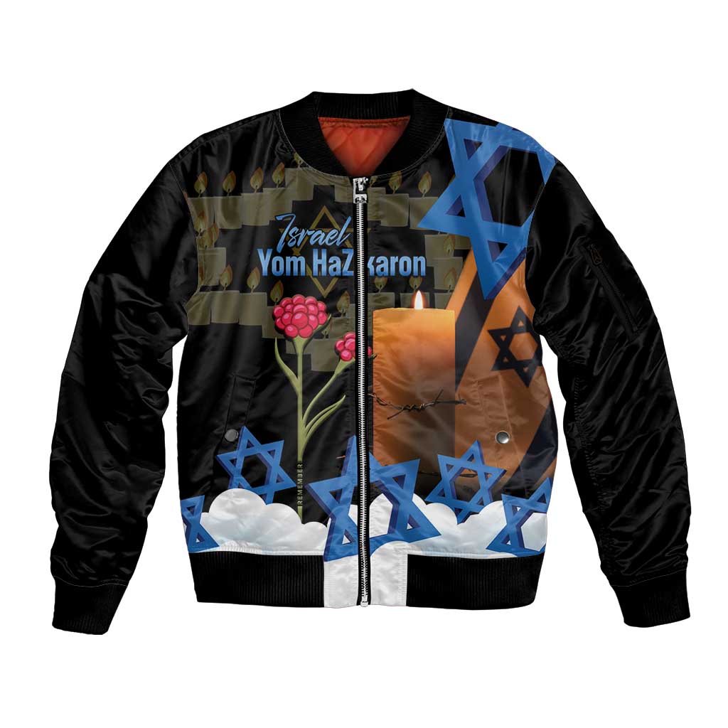 Israel Memorial Day Sleeve Zip Bomber Jacket Red Everlasting Flower With Candle Light
