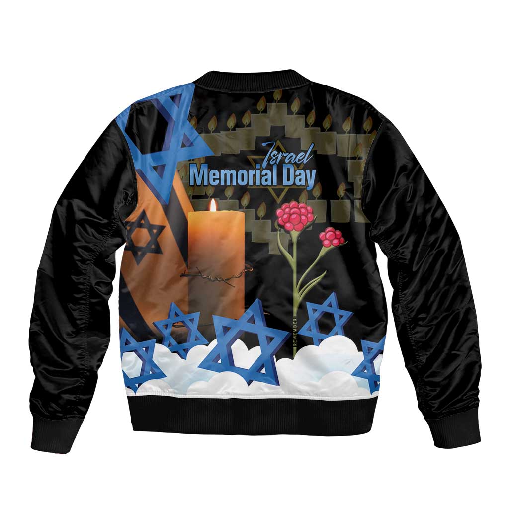Israel Memorial Day Sleeve Zip Bomber Jacket Red Everlasting Flower With Candle Light