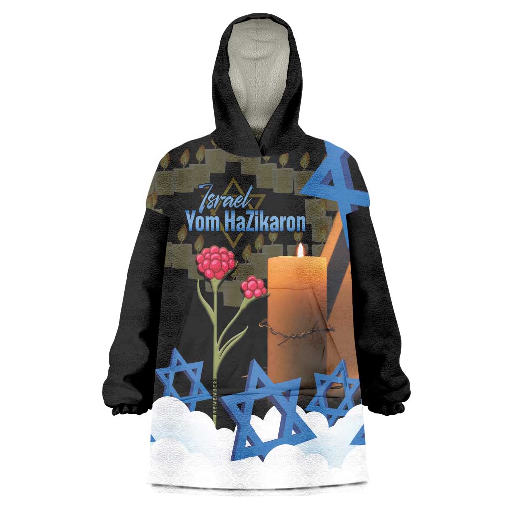 Israel Memorial Day Wearable Blanket Hoodie Red Everlasting Flower With Candle Light