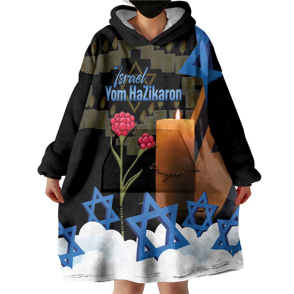 Israel Memorial Day Wearable Blanket Hoodie Red Everlasting Flower With Candle Light