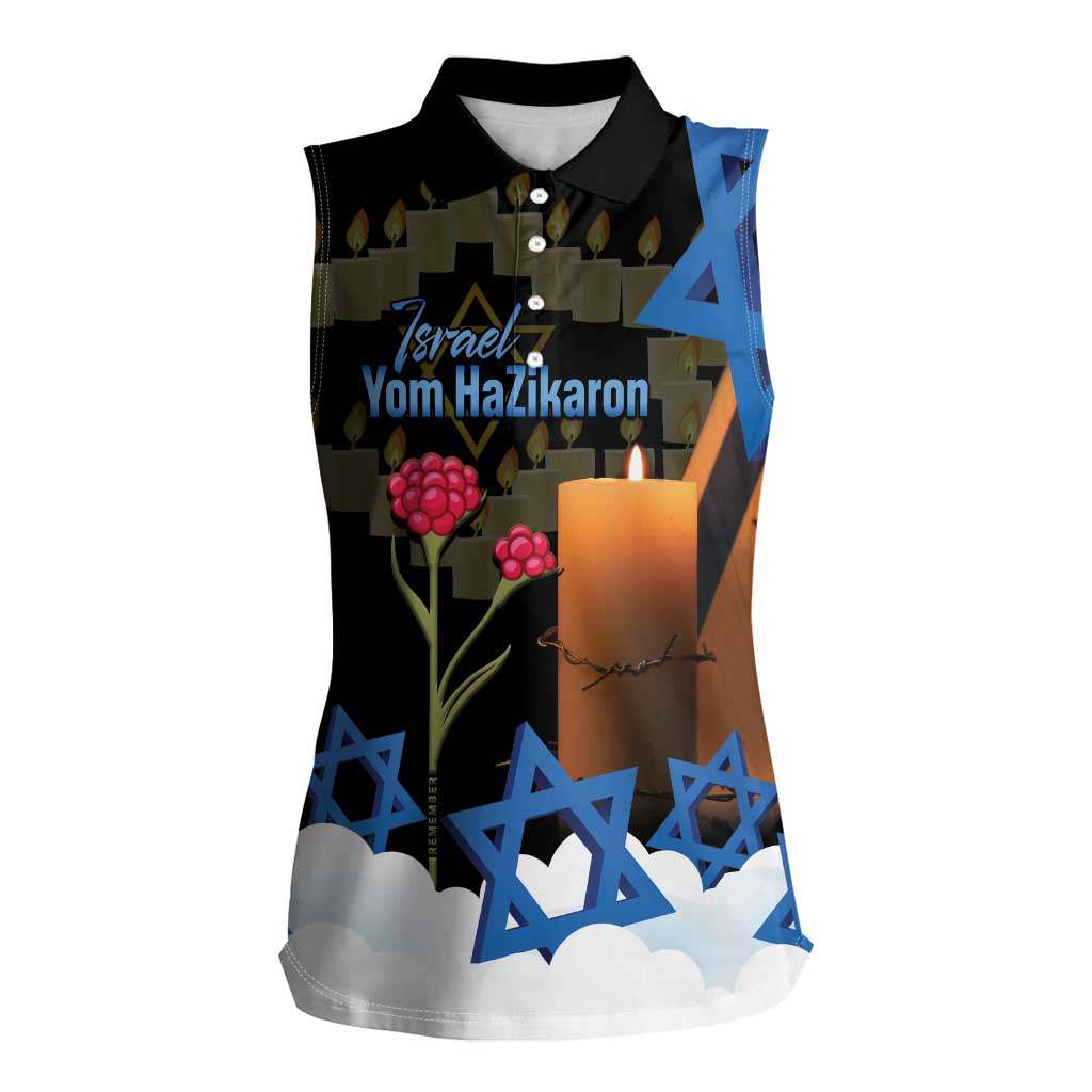 Israel Memorial Day Women Sleeveless Polo Shirt Red Everlasting Flower With Candle Light