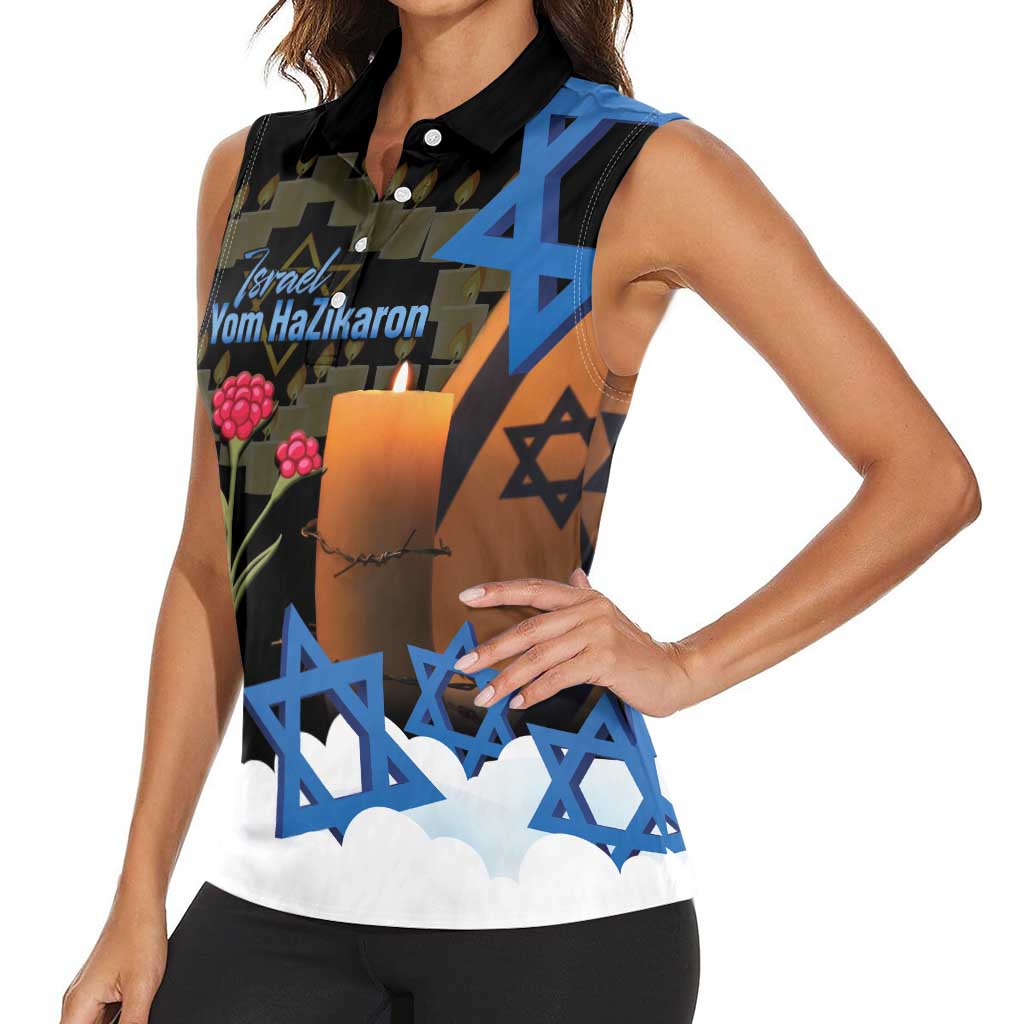 Israel Memorial Day Women Sleeveless Polo Shirt Red Everlasting Flower With Candle Light