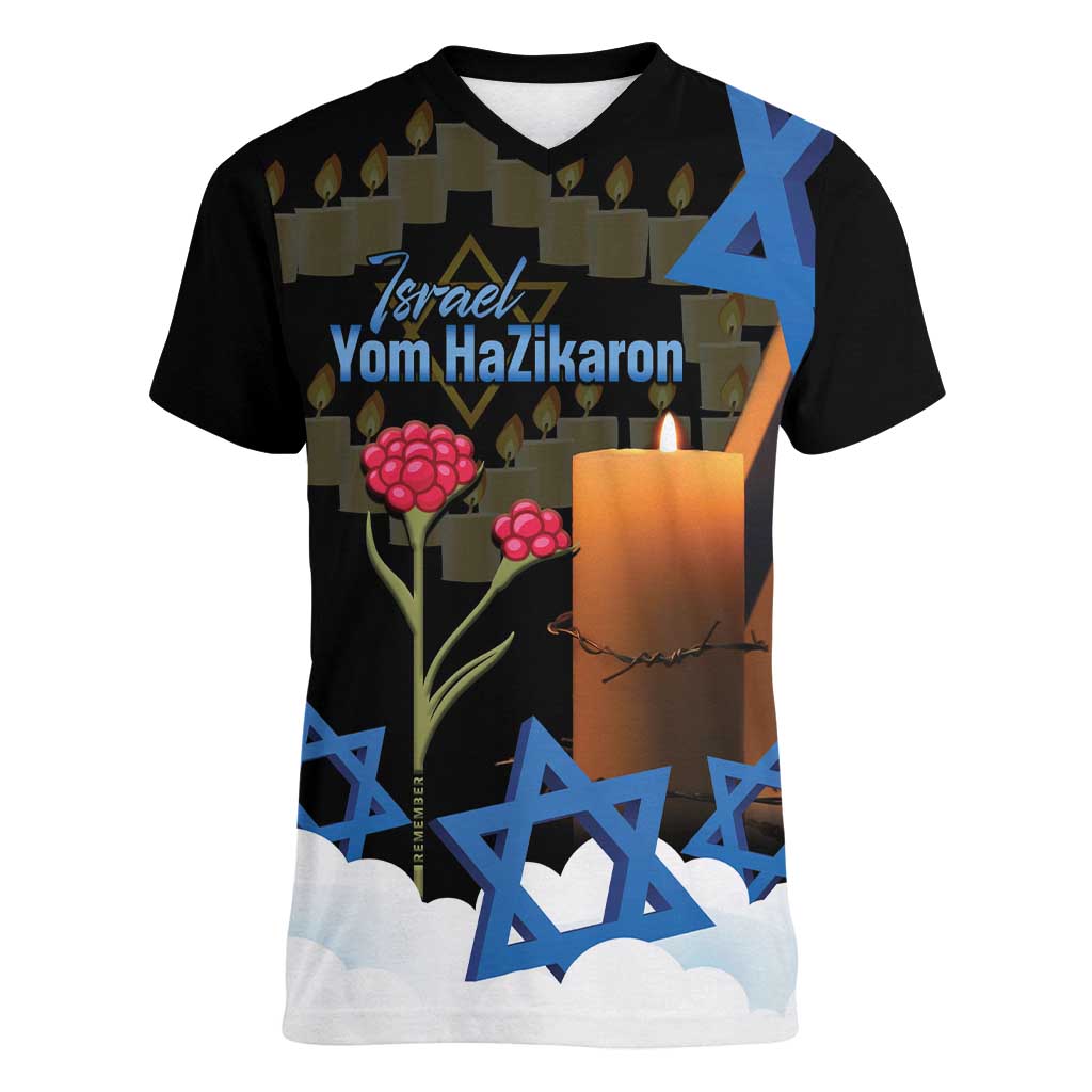 Israel Memorial Day Women V-Neck T-Shirt Red Everlasting Flower With Candle Light