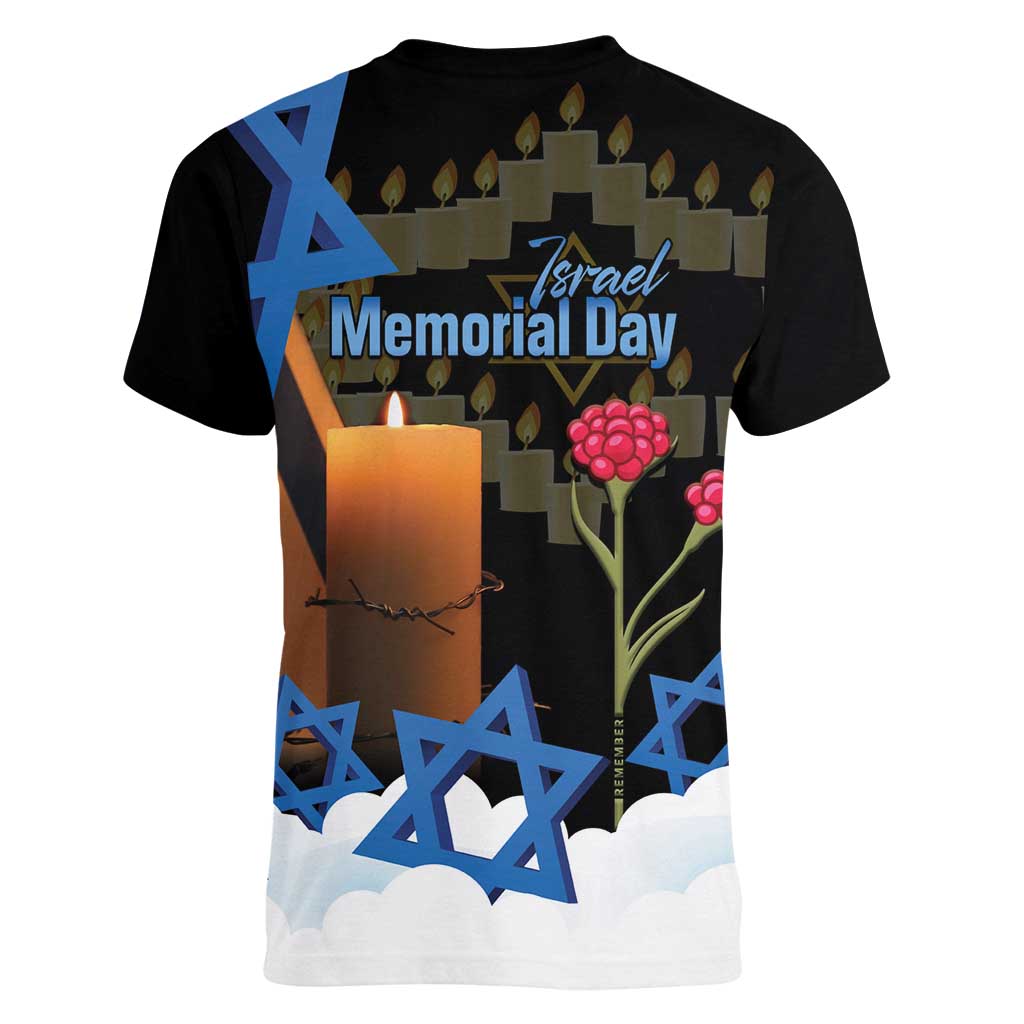 Israel Memorial Day Women V-Neck T-Shirt Red Everlasting Flower With Candle Light
