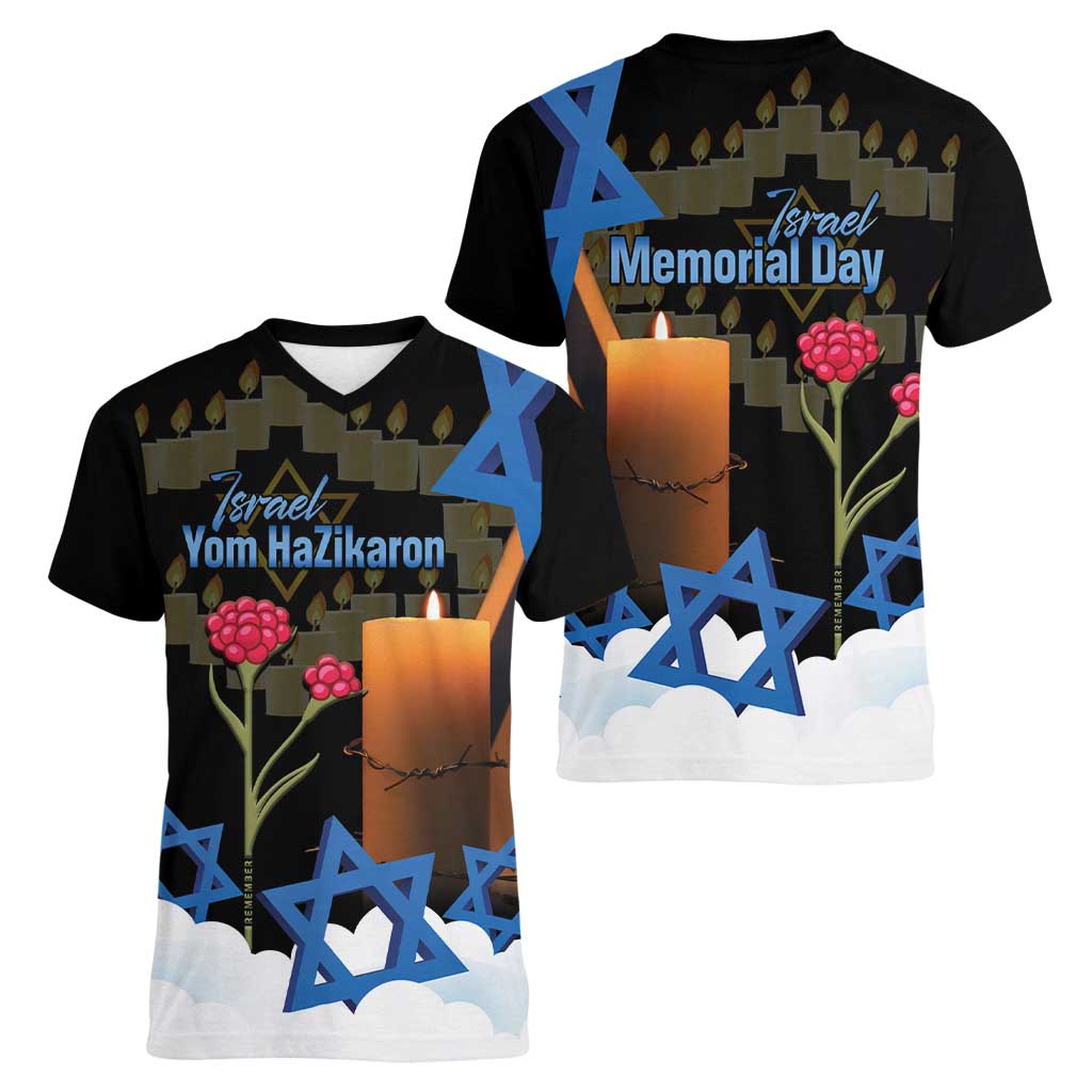 Israel Memorial Day Women V-Neck T-Shirt Red Everlasting Flower With Candle Light