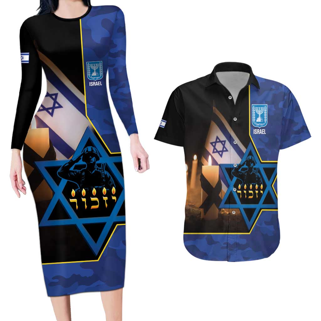 Yom HaZikaron Israel Couples Matching Long Sleeve Bodycon Dress and Hawaiian Shirt We Will Always Remember Camouflage Style