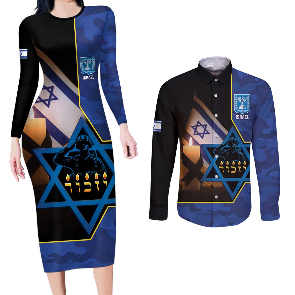 Yom HaZikaron Israel Couples Matching Long Sleeve Bodycon Dress and Long Sleeve Button Shirt We Will Always Remember Camouflage Style