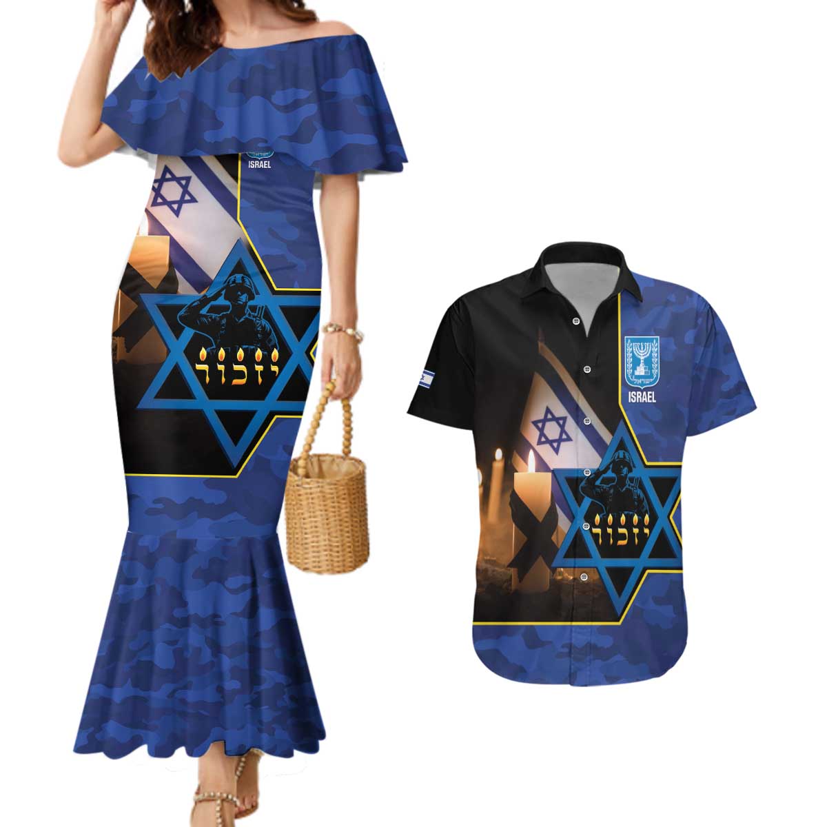 Yom HaZikaron Israel Couples Matching Mermaid Dress and Hawaiian Shirt We Will Always Remember Camouflage Style