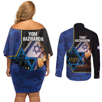 Yom HaZikaron Israel Couples Matching Off Shoulder Short Dress and Long Sleeve Button Shirt We Will Always Remember Camouflage Style