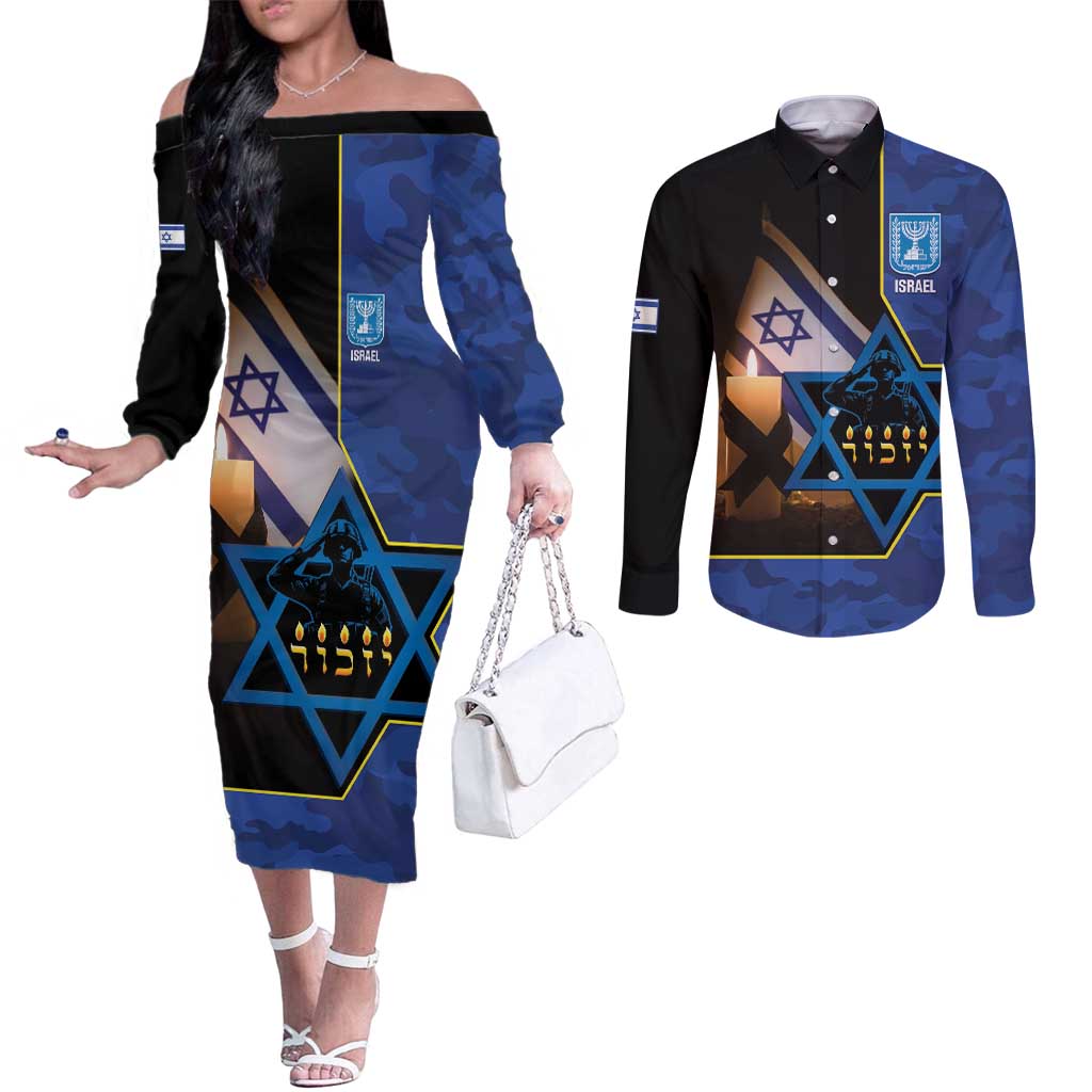 Yom HaZikaron Israel Couples Matching Off The Shoulder Long Sleeve Dress and Long Sleeve Button Shirt We Will Always Remember Camouflage Style