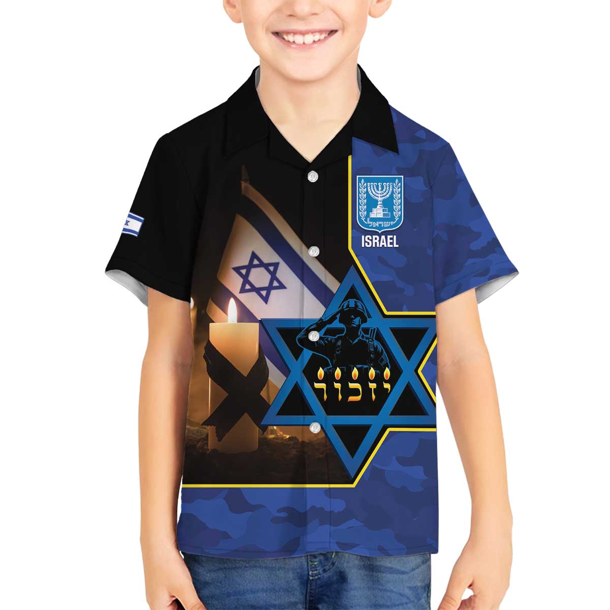 Yom HaZikaron Israel Family Matching Off The Shoulder Long Sleeve Dress and Hawaiian Shirt We Will Always Remember Camouflage Style