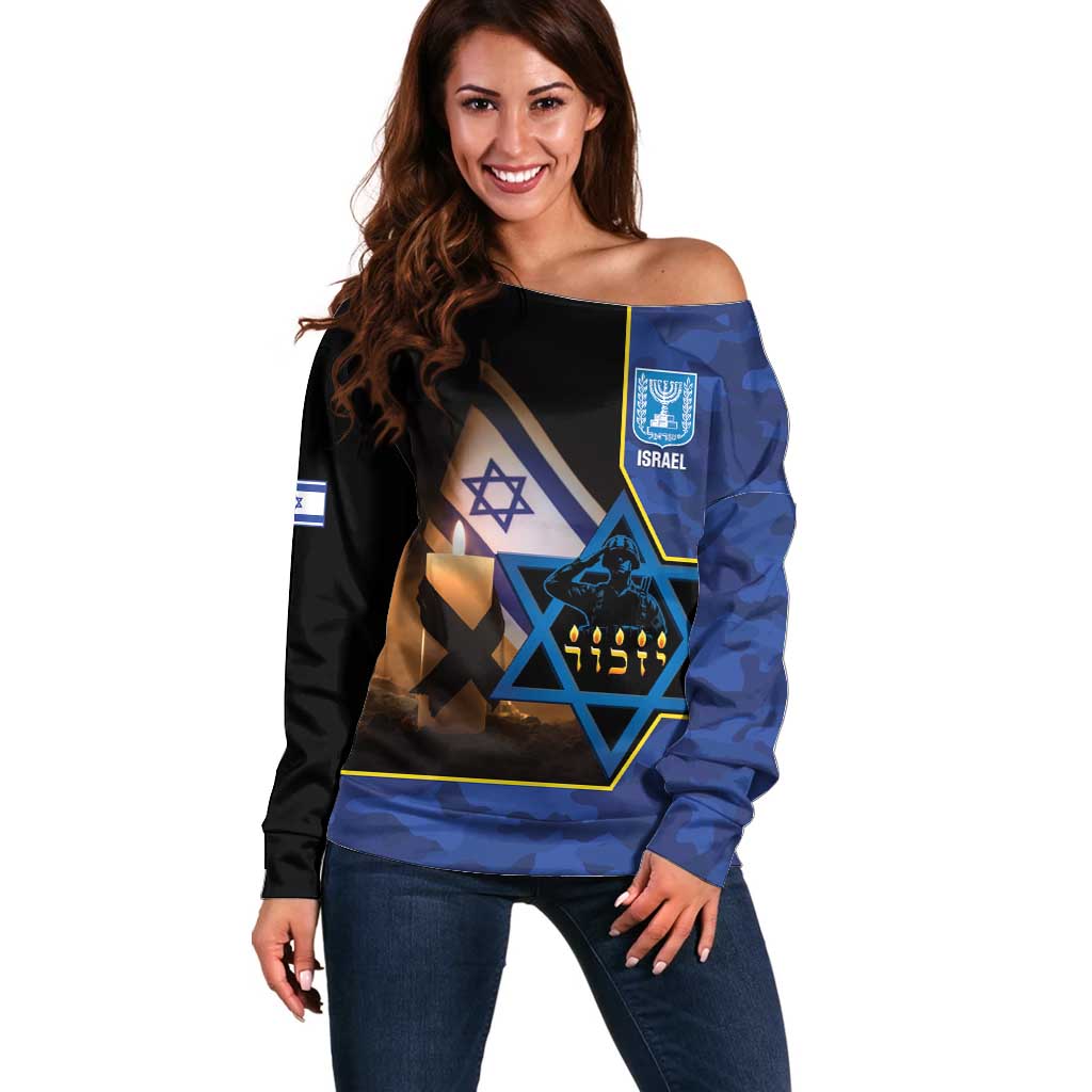 Yom HaZikaron Israel Off Shoulder Sweater We Will Always Remember Camouflage Style