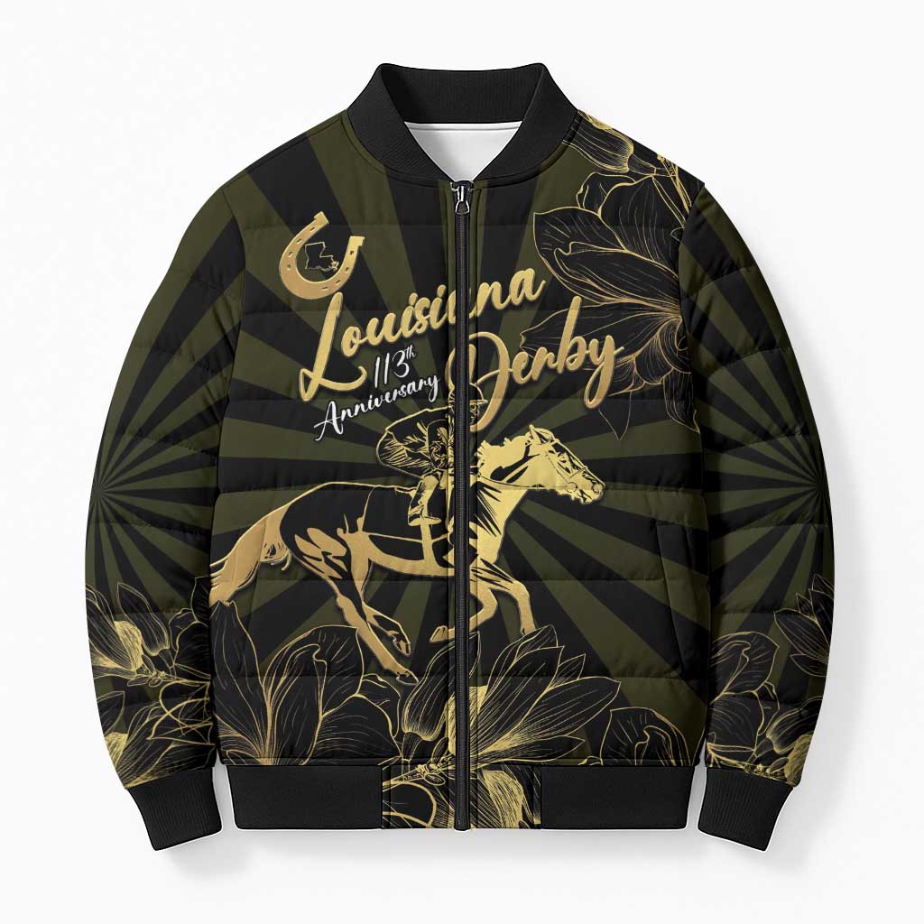 Personalized Louisiana Horse Racing Bomber Puffer Jacket 113th Anniversary Magnolia Blossom