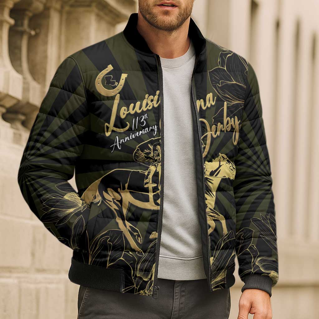 Personalized Louisiana Horse Racing Bomber Puffer Jacket 113th Anniversary Magnolia Blossom