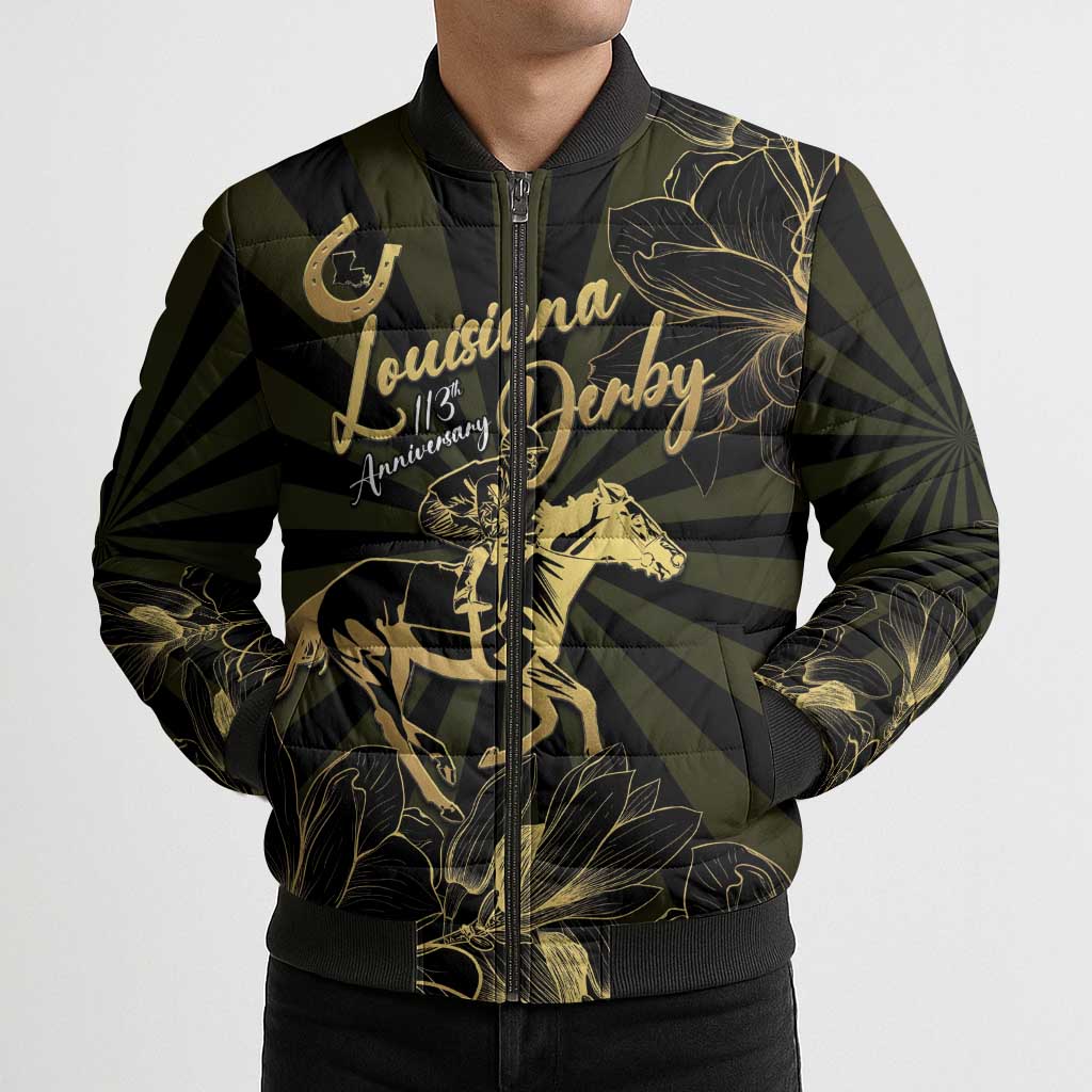 Personalized Louisiana Horse Racing Bomber Puffer Jacket 113th Anniversary Magnolia Blossom