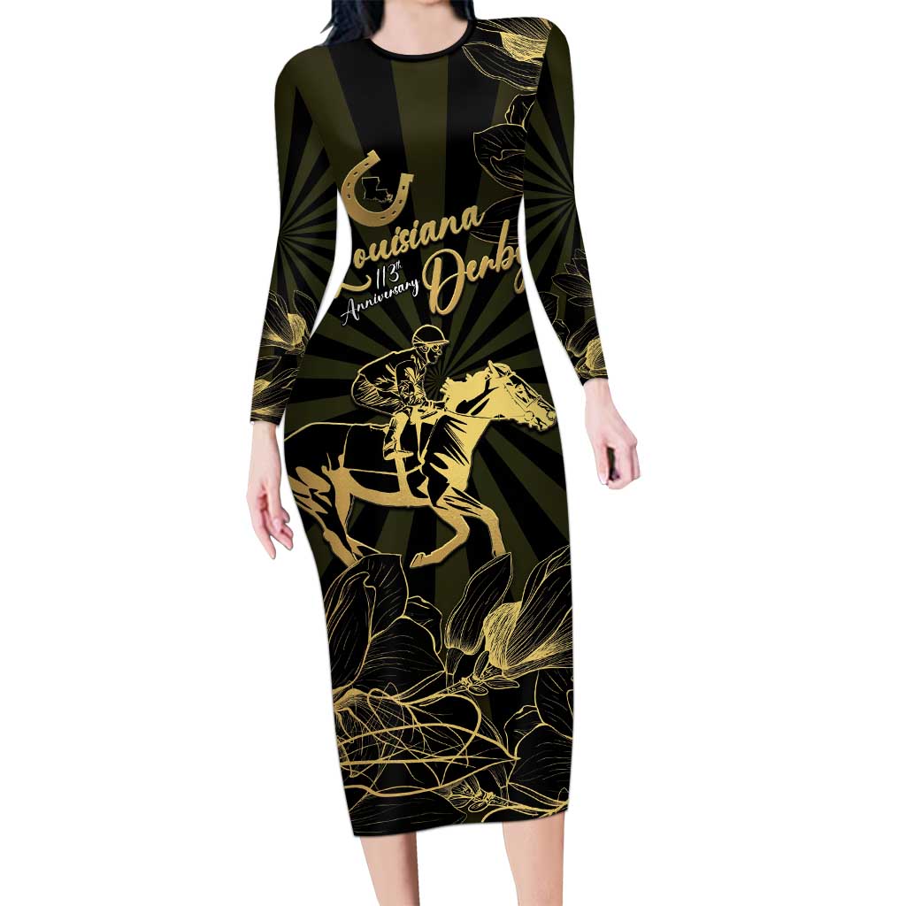 Personalized Louisiana Horse Racing Long Sleeve Bodycon Dress 113th Anniversary Magnolia Blossom